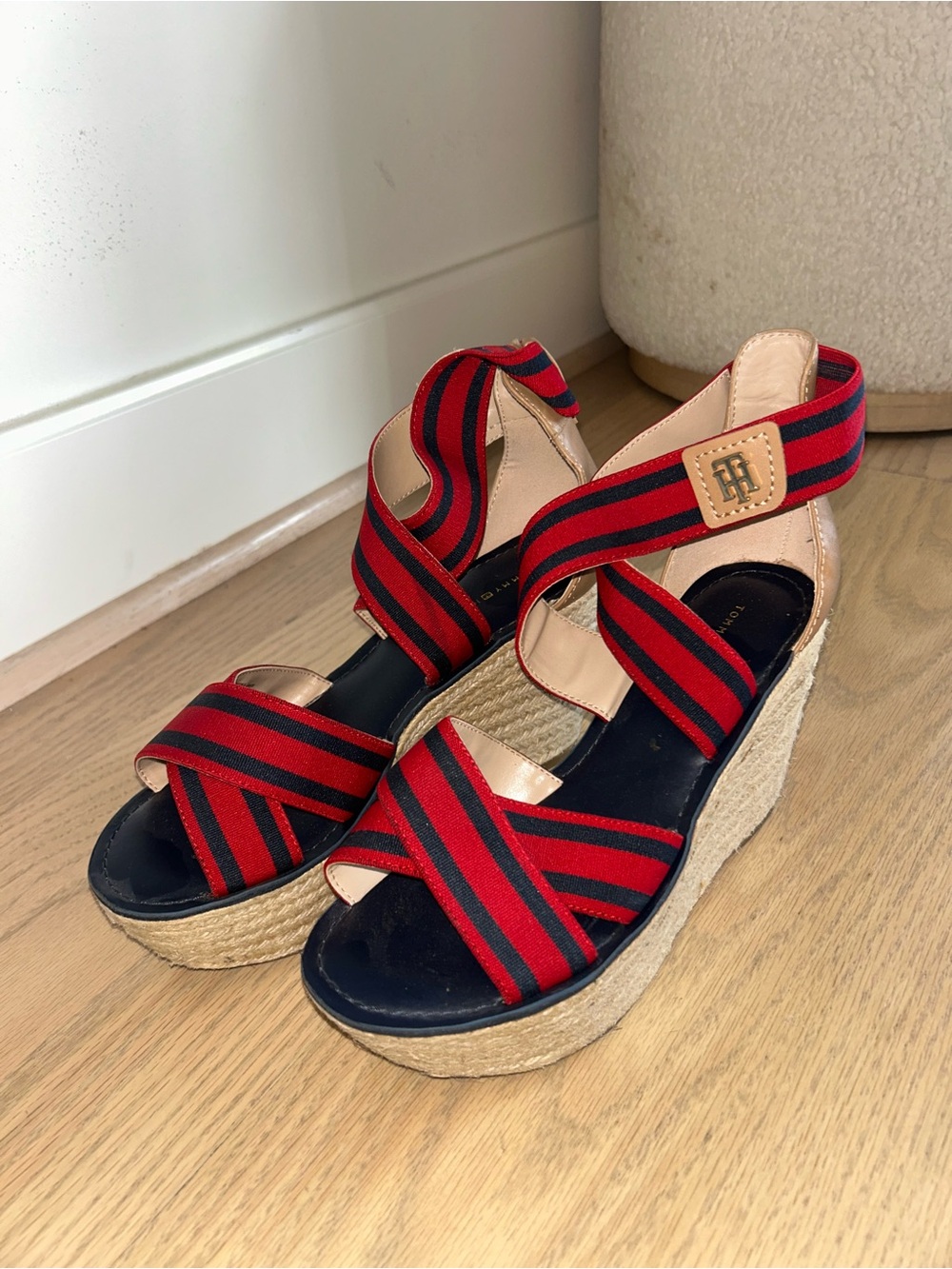 Tommy Hilfiger Red & Black Striped Wedge Espadrille Sandals